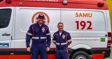 Na foto : O socorrista de Unidade de Suporte Básico, Bruno Marasca (E), e o técnico em enfermagem, Diego Silva Souza (D).